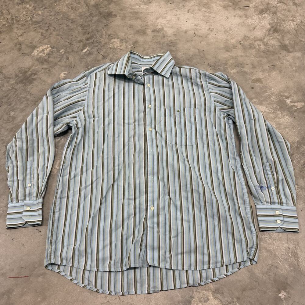 Mens SZ 44 Lacoste Button down Long Sleeve collar Striped gray Blue Green France